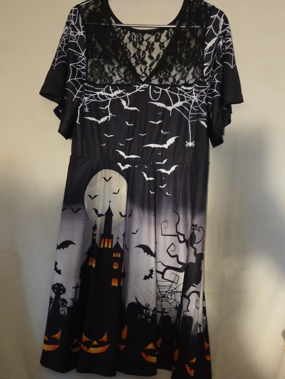Womans Black Halloween Print Dress with Lace Yoke